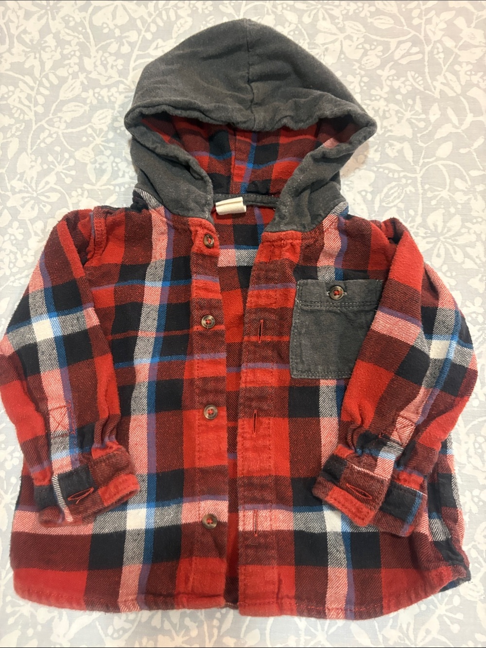 Tucker + Tate Plaid Flannel Distressed Gray Hooded Button-Down Shirt, Size 12m